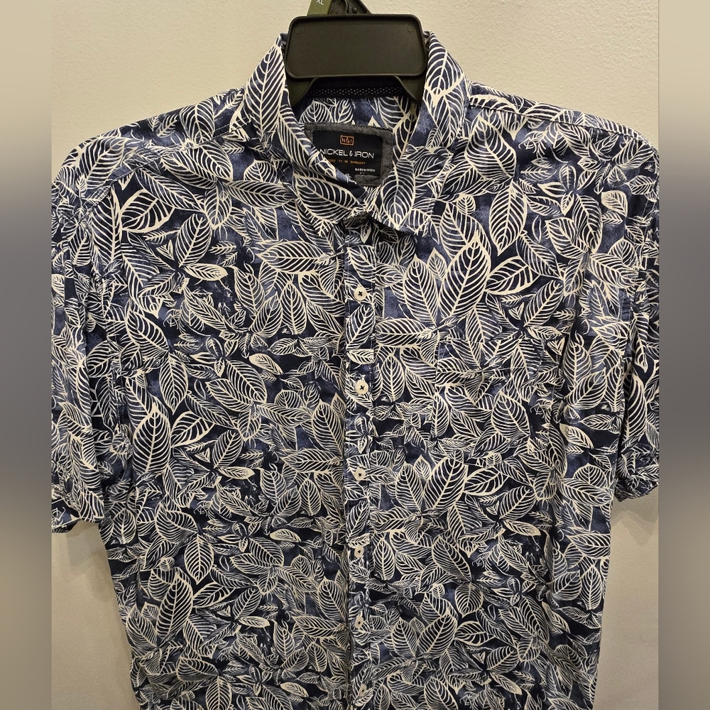 Men's Blue and White Leaf Print Shirt